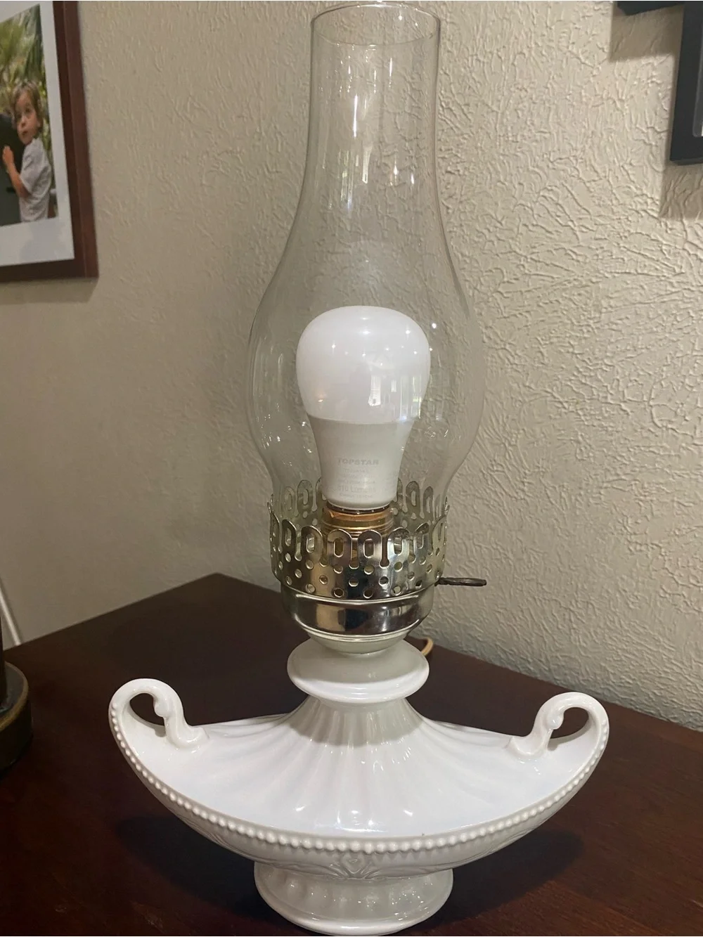 Vintage, Milk Glass Electric Hurricane Lamp, Wide Handled Base and Glass Chimney